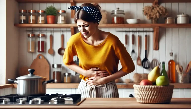 A woman in a kitchen is shown experiencing stomach discomfort. She is wearing a mustard yellow shirt and a dark polka-dot headscarf, holding her abdomen with a pained expression, indicating digestive distress. The kitchen setting features wooden shelves with jars, cooking utensils, and fresh fruit on the counter, adding context to the scene, suggesting that her discomfort may have resulted from preparing or consuming food.