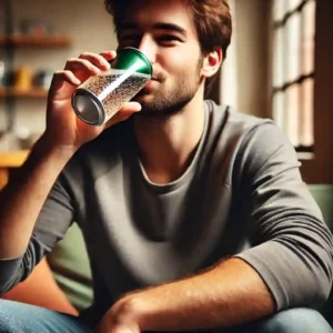 A person is sitting in a cozy indoor setting, holding a can or glass of a carbonated beverage. They are mid-drink, tilting the container slightly towards their lips. The liquid inside shows visible bubbles, indicating the drink’s carbonation. The person’s expression is content and relaxed. The background features comfortable furniture like a couch and a small table, with warm natural lighting, creating a casual and relatable atmosphere of enjoying a refreshing fizzy drink.