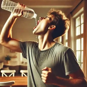 A person is shown indoors, gulping down water quickly from a large glass or bottle. They are tilting their head back, holding the container with both hands, and drinking with their mouth open wide. The expression on their face indicates urgency or eagerness, as if they are very thirsty. The background is a simple indoor setting, like a kitchen or living room, with casual furniture and warm lighting, creating a dynamic and relatable scene of quenching thirst.