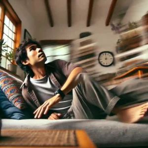 A person is indoors, laying down on a couch and quickly shifting positions. They are captured mid-motion, moving from one side to the other, with a facial expression showing urgency or mild discomfort. The cozy room features casual furniture, soft lighting, and items like pillows and a blanket, creating a relatable and dynamic moment of trying to get more comfortable while resting