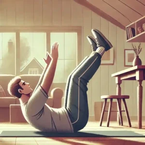 A person is indoors, performing physical exercises like sit-ups or leg raises to build up gas. They are mid-exercise on a yoga mat, with an expression showing mild determination or effort. The room is simple and cozy, featuring casual furniture like a couch and a small table, with soft, natural lighting, emphasizing the everyday and relatable nature of the activity.