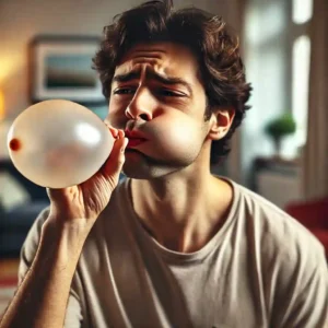 A person is indoors, blowing air into a partially inflated balloon. Their cheeks are puffed out as they focus on blowing, indicating effort. The background features a cozy indoor setting like a living room or kitchen, with casual furniture and soft lighting. The image humorously captures a relatable attempt to induce burping by blowing up a balloon.