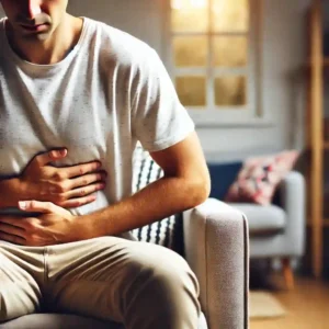 A person is seated indoors, gently massaging their stomach with both hands using circular motions. Their expression shows mild concentration or relief. The background features a cozy setting like a living room or bedroom, with casual furniture such as a soft chair or couch and warm lighting. The image conveys a comforting and relatable moment of soothing discomfort.