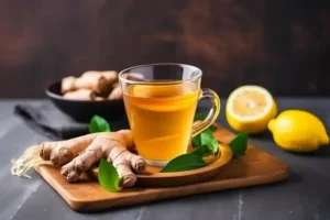 Clear glass cup with golden ginger tea on a wooden tray, surrounded by fresh ginger roots, green leaves, a black bowl with more ginger, and a couple of lemons.